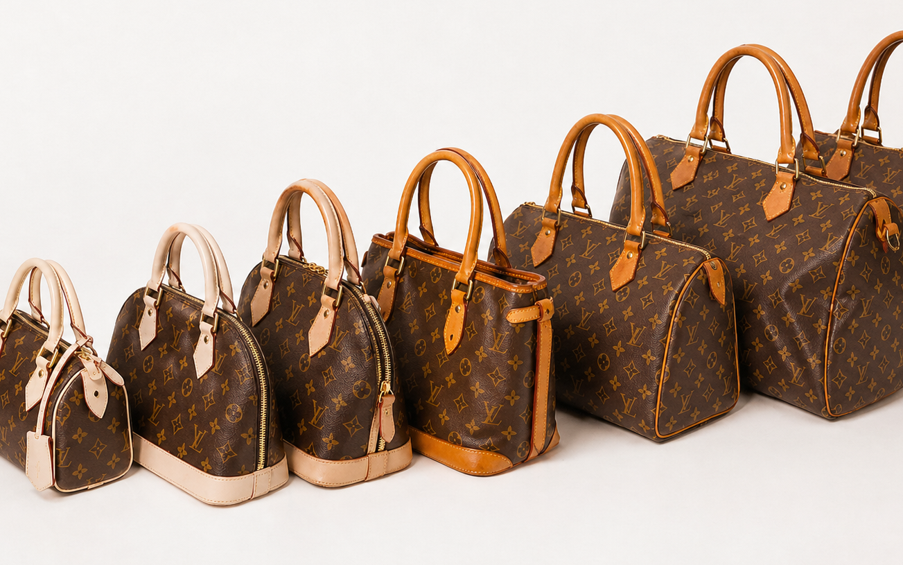 An array of Louis Vuitton bags showcases their tan leather handles in a semi-circle, contrasting with the bags' varied patterns and colors.